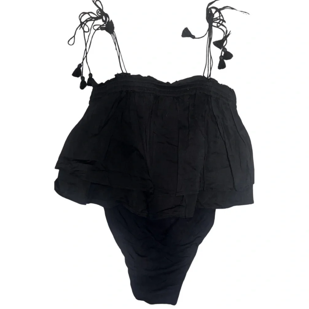 Free People Black Trust Me Bodysuit By Intimately Playsuit Ruffle Tassel Sz Sm